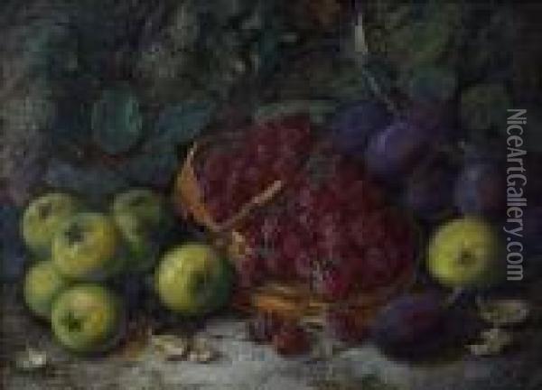 Raspberries, Plums And Apples On A Mossy Bank Oil Painting - Vincent Clare