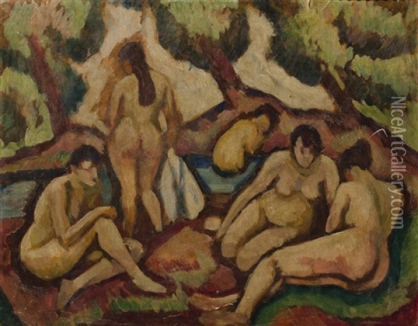 Beim Bade Oil Painting - Otakar Marvanek