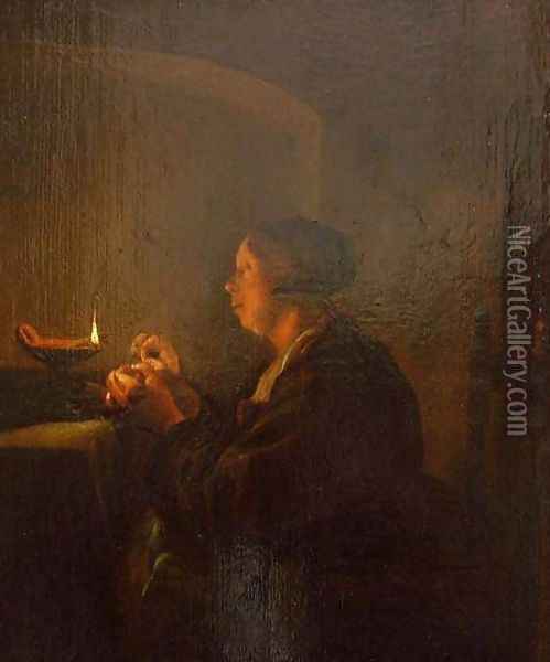 Woman by Candlelight Oil Painting - Pieter Cornelisz. van SLINGELANDT