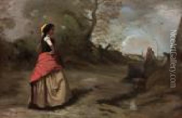 Jeune Fille A La Jupe Rouge Et Jaune Oil Painting - Jean-Baptiste-Camille Corot