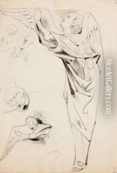 Etude De Statue D'ange, Deux 
Tetes D'anges, Une Figure Assised'apres Les Sculptures De La Cathedrale 
De Strasbourg Oil Painting - Eugene Delacroix