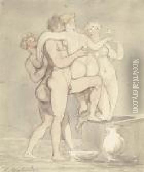 Four Figures Cavorting Oil Painting - Thomas Rowlandson