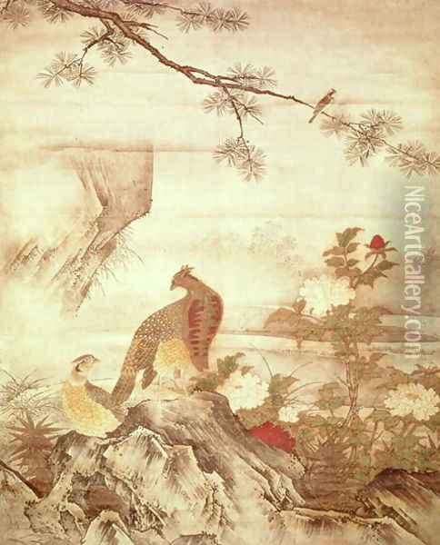 Pheasants and peonies Oil Painting - Motonobu Kano