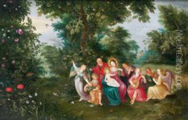 La Sacra Famiglia Con Angeli Musici In Un Paesaggio Boschivo Oil Painting - Cornelis de Baellieur