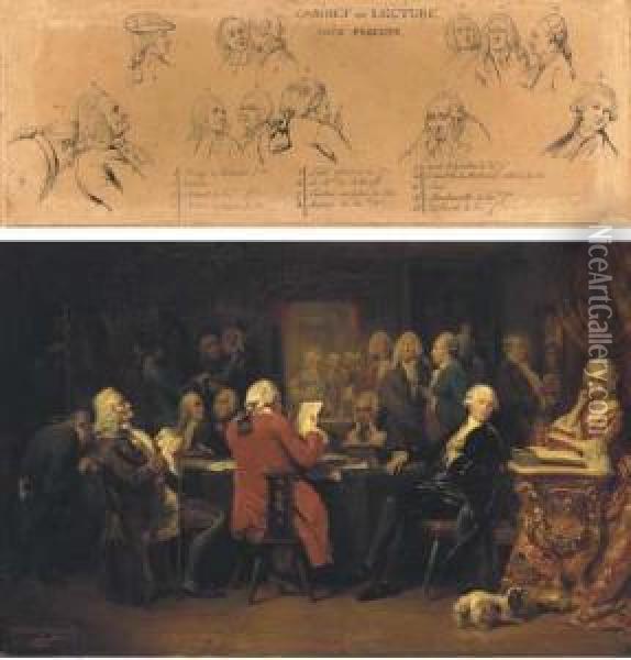 Voltaire Au Cabinet De Lecture 
Chez Procope; And Les Figures Principales Du Cabinet - A Study Oil Painting - Claude Jacquand