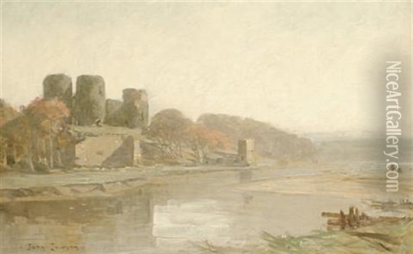 A River Landscape With A Castle In The Back Ground Oil Painting - John Lawson