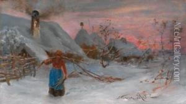 Reisigsammlerin In Einem Tiefverschneiten Dorf Oil Painting - Nikola Masic