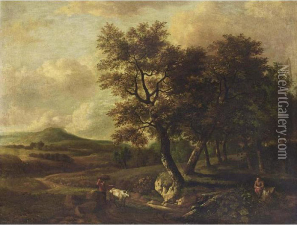 A Wooded Landscape With A Man 
And His Cow Carrying Wood On A Path, Another Man Resting On A Tree Trunk
 In The Lower Foreground Oil Painting - Jan Wijnants