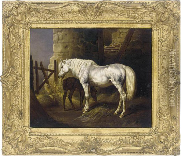 A Grey Mare And Her Foal In A Stable Oil Painting - John Frederick Herring Snr