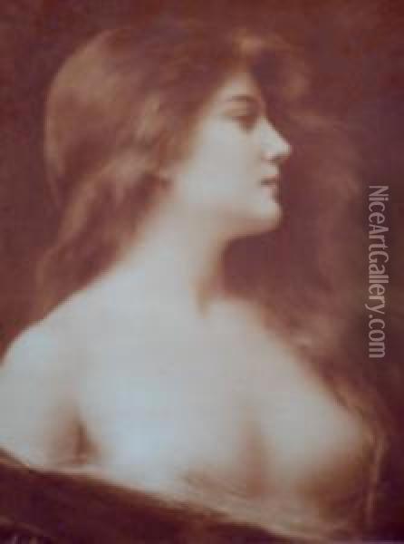Portrait Of Young Woman Head And
 Shoulders In Profile; Photogravure In Sepia, Signed Within The Plate, 
Bears Label For The Kunsthandlung Ulrich Putze Buchhandlung, Munich, 
Verso, 47x39cm: Together With A Similar Photogravure Portrait In Sepia 
By T Oil Painting - Angelo Asti