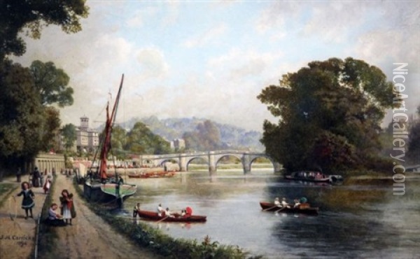 View Of Kew Bridge With Children On The Bank Oil Painting - John Mulcaster Carrick