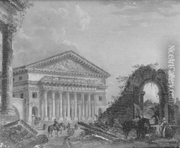 Paysage Imaginaire De Ruines Avec Un Temple Antique Oil Painting - Pierre Antoine Demachy