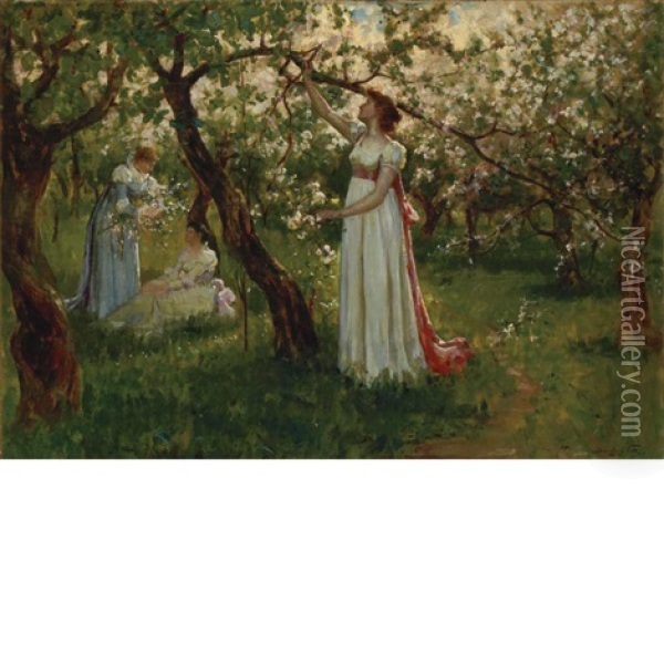 Artist's Daughter In A Garden Oil Painting - Douglas Volk