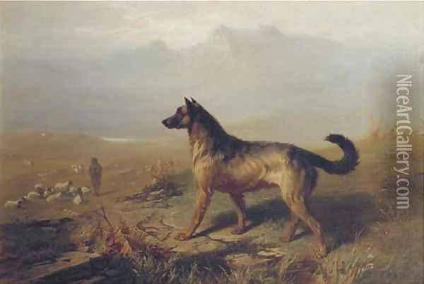 Guarding the flock in the Highlands, Scotland Oil Painting - Conradyn Cunaeus