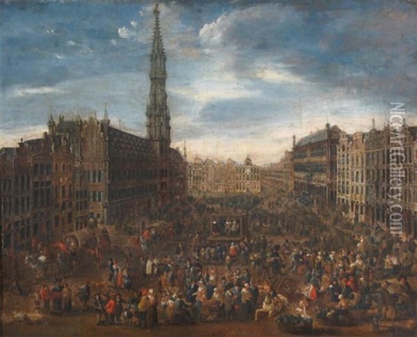 The Grand Place, Brussels, Belgium On Market Day Oil Painting - Mathys Schoevaerdts