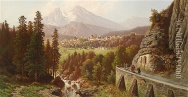 Blick Auf Berchtesgaden, Im Vordergrund Wanderer Oil Painting - Theodor (Wilhelm T.) Nocken