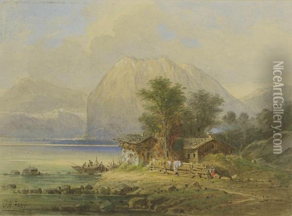 Am Ufer Eines Gebirgssees Oil Painting - Johann Wilhelm Frey