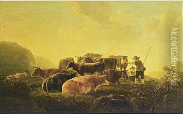 Strij Shepherds With Their 
Cattle And Another Shepherd With His Flock Of Sheep In The Background Oil Painting - Jacob Van Stry
