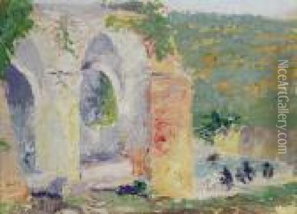 Aqueduct With Figures Bathing Oil Painting - Ernest Lawson