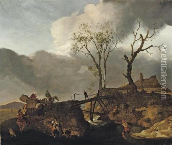 A Rocky River Landscape With Travellers On A Track Crossing A Wooden Bridge Oil Painting - Pieter Wouwermans or Wouwerman