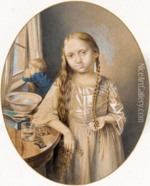 Young Girl Brushing Her Her Oil Painting - Alexander Pavlovich Bruloff