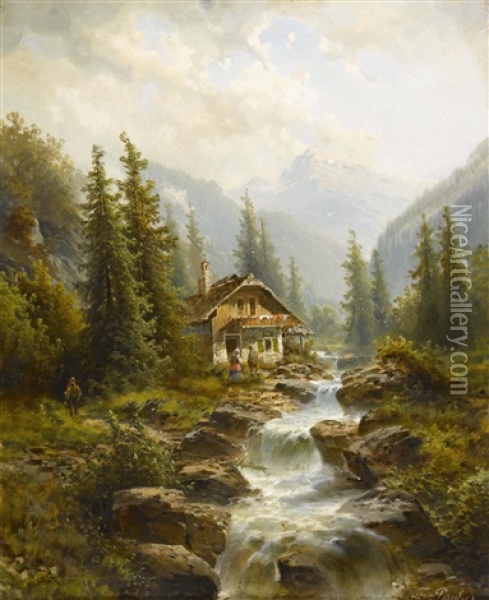 Gebirgslandschaft Mit Bauernhaus Am Bach Oil Painting - Leonhard Paulus