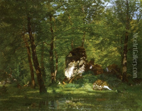 Les Rochers A Fontainebleau Oil Painting - Henri Bidauld