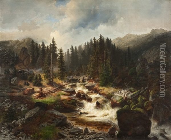 Gebirgige Waldlandschaft Mit Reisendem Bach Oil Painting - George Jabin