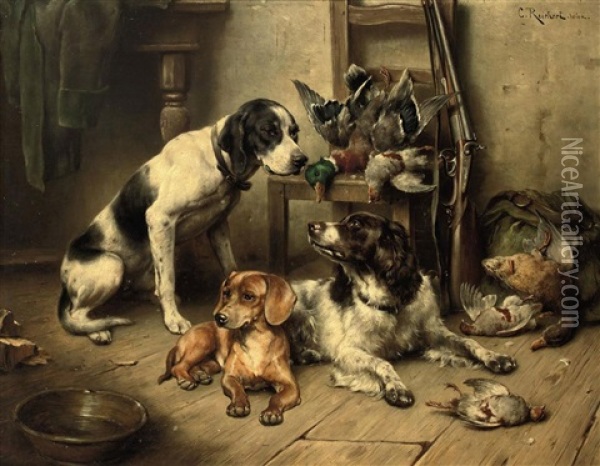 An English Pointer, A Dachshund And An English Springer Spaniel After The Hunt Oil Painting - Carl Reichert