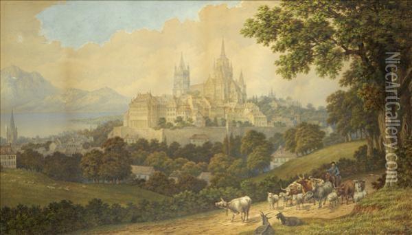 Lausanne, Switzerland, Panoramic View Of The City, Cattle, Sheep And Goats With Herdsmen In The Foreground Oil Painting - John Dobbin