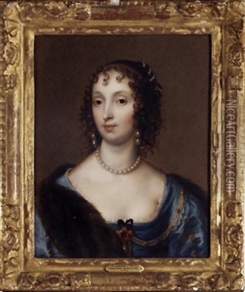 Portrait Of A Lady (duchess D'orleans?) In A Blue Satin Dress Decorated With Pearls Oil Painting - Theodore Russell