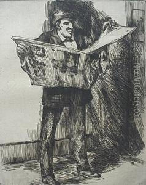 Man With Newspaper Oil Painting - Martin Petersen