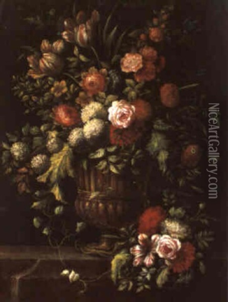 Ein Straus Von Rosen, Tulpen, Schneeballen Und Anderen Blumen Oil Painting - Jan-Baptiste Bosschaert