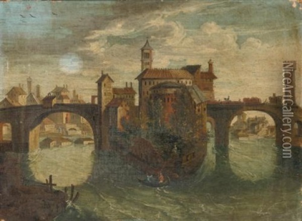 Rome, A View Of The Bridge At The Isola Tiberina Oil Painting - Jacques Callot