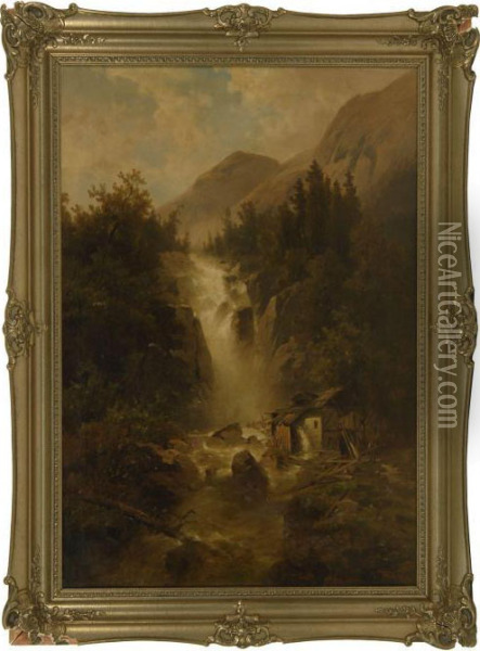 Waterfall In An Alpine Landscape Oil Painting - Josef Thoma