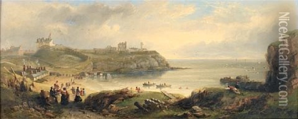 Tynemouth Priory And Castle, With The Old Lighthouse Nearby, Viewed From The South Across The Cove Known As The Friar's Haven Oil Painting - John Wilson Carmichael