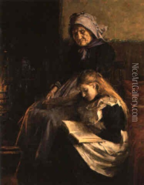 Reading To Granny Oil Painting - Ernest Higgins Rigg