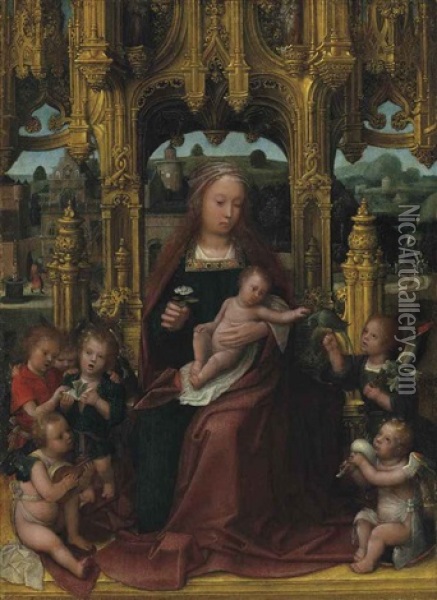 The Virgin And Child Enthroned, With Musical Angels, A Landscape Beyond Oil Painting - Adriaen Isenbrant