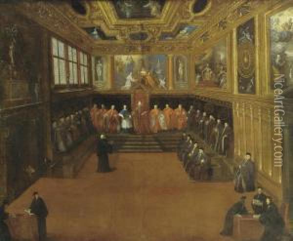 The Doge And Senators In The Sala Del Collegio, Palazzo Ducale, Venice Oil Painting - Pietro Malombra