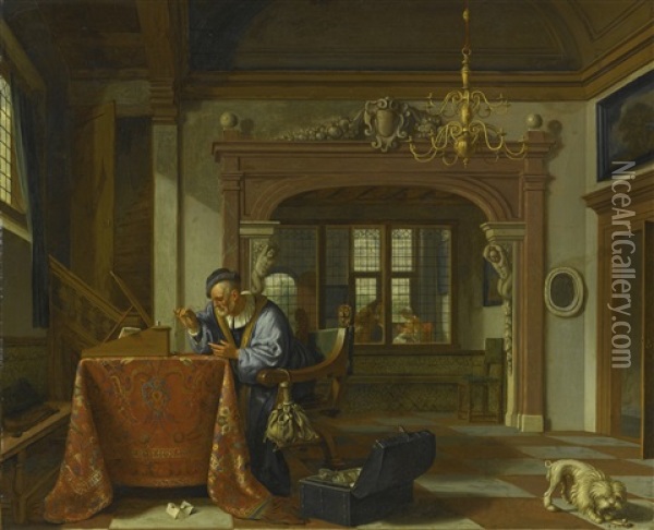 Man Weighing Coins In An Interior, Other Figures In The Room Beyond Oil Painting - Cornelis De Man