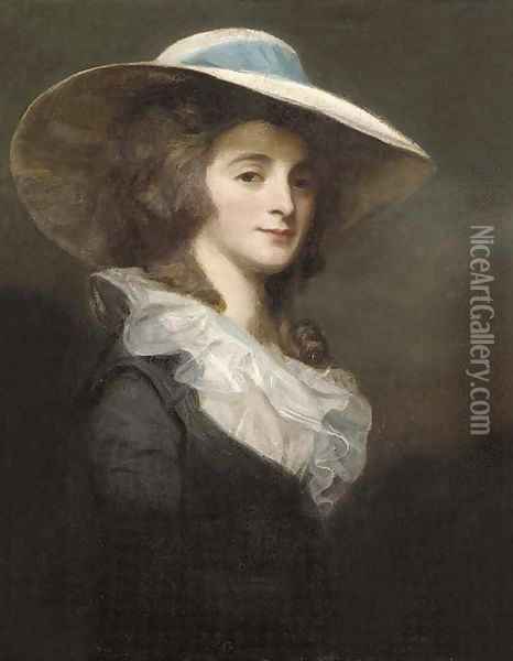 Portrait of Lady Herries, half-length, in a grey dress and white collar, with a wide-brimmed white hat with a blue ribbon Oil Painting - George Romney