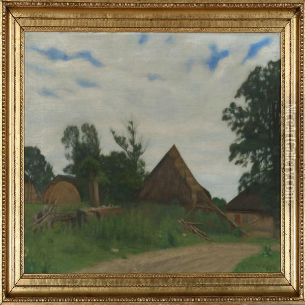 Houses At A Village Road Oil Painting - Niels Bjerre