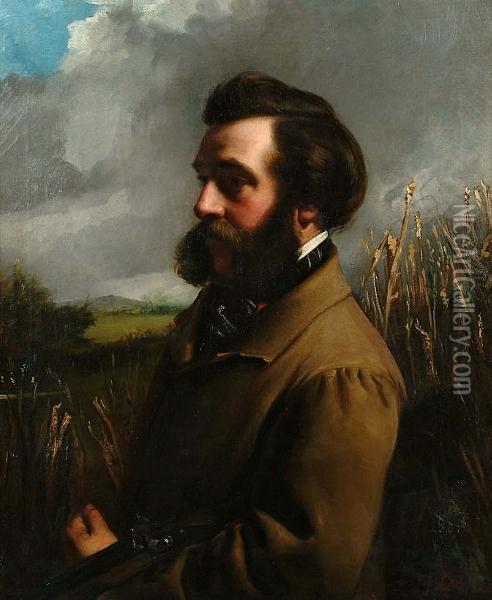 Portrait, Bust Length, Of A Bearded Gentleman Holding A Gun Oil Painting - L. Holloway