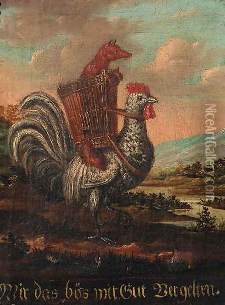 A cockerell carrying a fox in a basket Oil Painting - German School