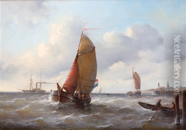 Dutch Sailing Ships And A Paddle-steamer Near The Coast Oil Painting - Christian Cornelis Kannemans