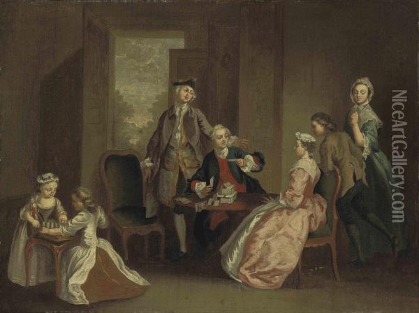 A Conversation Piece With Elegant Figures Playing Cards In An
Interior Oil Painting - Hubert-Francois Gravelot