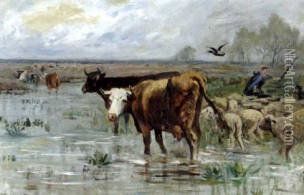Vaches Et Moutons Au Marais Oil Painting - Albert Charpin