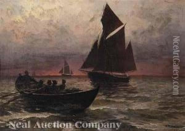 Boats At Sunset Oil Painting - Bror Anders Wikstrom