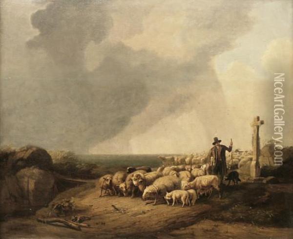 Schafer Mit Seiner Herde Bei Aufziehendemgewitter Oil Painting - Eugene Joseph Verboeckhoven