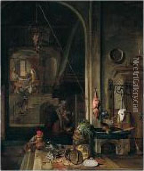 The Interior Of A Kitchen With The Supper At Emmaus Oil Painting - Gerrit Van Battem
